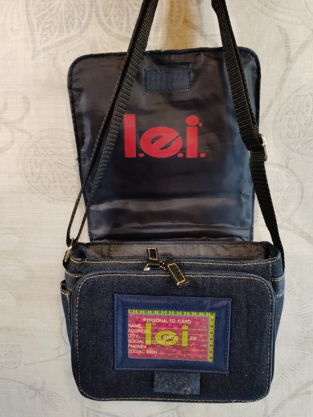 lei Vintage Dark Blue Denim Crossbody Bag with Colorful Floral Patches